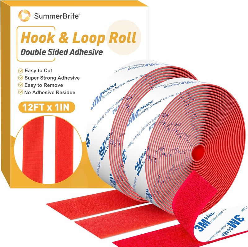 Summerbrite 12ft x 1 Inch Hook and Loop Tape, Heavy Duty Double-Sided Adhesive Strips, Strong Sticky Back Fastener, Cuttable Interlocking Tape Fasteners for Home, Office, Car, School & DIY Crafts Red - Image 1
